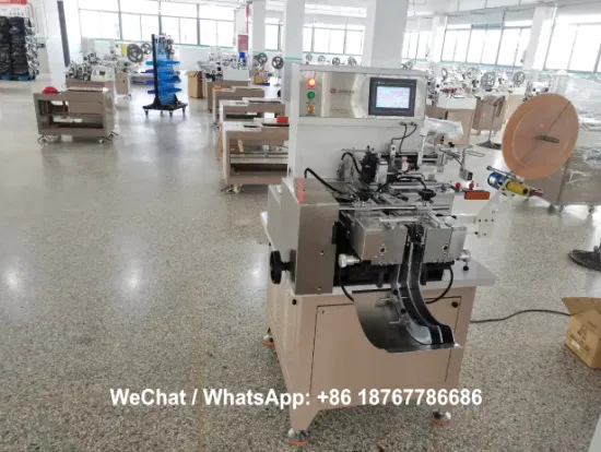 폴리에스테 공단 리본 면 테이프 나일론 태피터 Jz를 위한 중국 길쌈된 상표 자르고 접히는 기계/의복 직물 세척 배려 상표 절단 및 접히는 기계